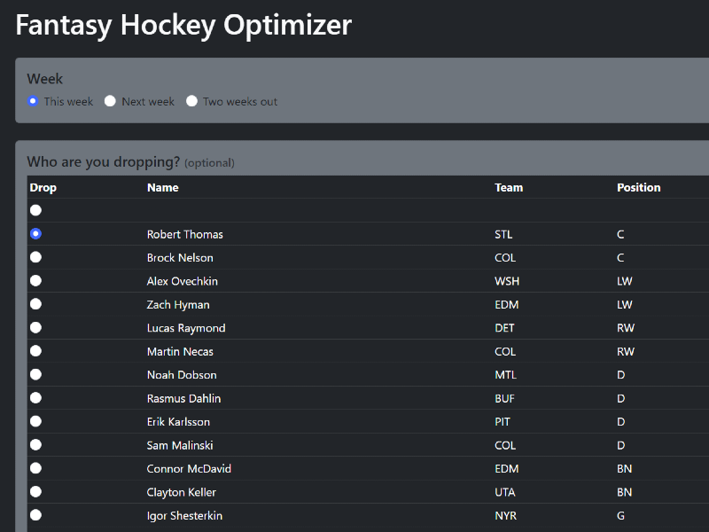 Fantasy Hockey Roster Optimizer